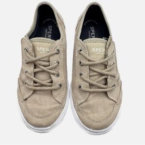 Sperry Deckfin Jr boys boat shoes sneakers tan size 12 hook and loop closure